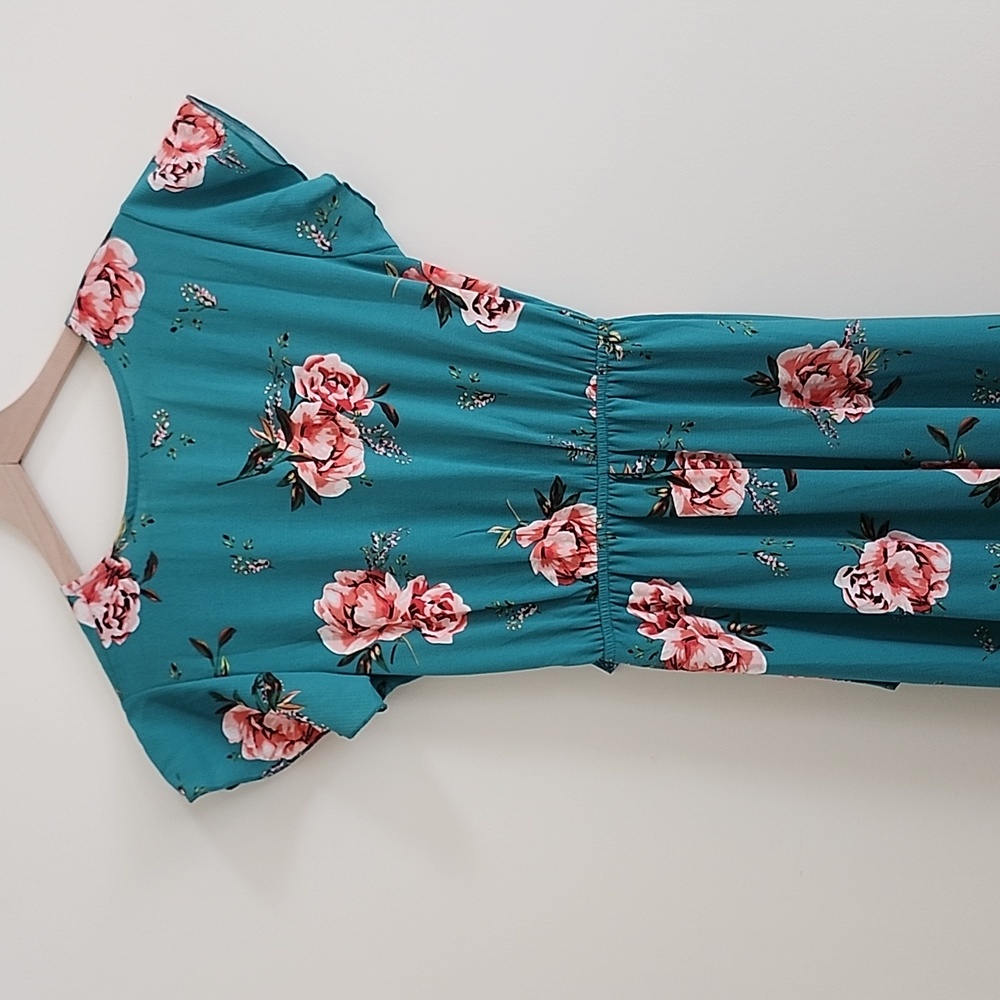 Green Wrap Dress Pink Floral Flower Print - Picture 5 of 7